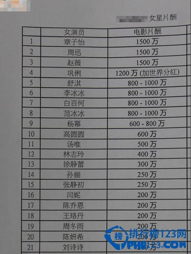 中国女明星片酬排行榜 章子怡周迅巩俐超千万